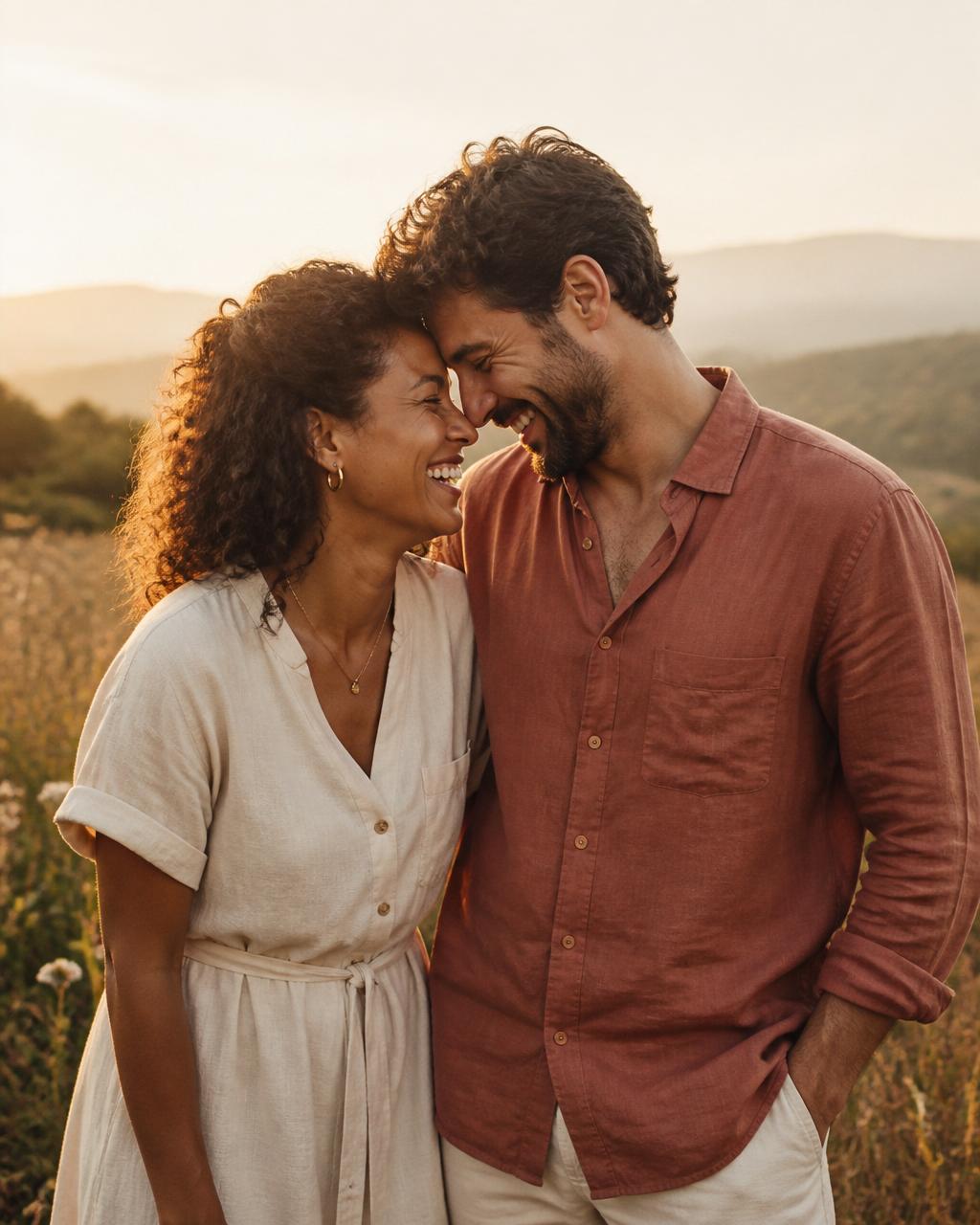 A couple laughing together on a walk through the park